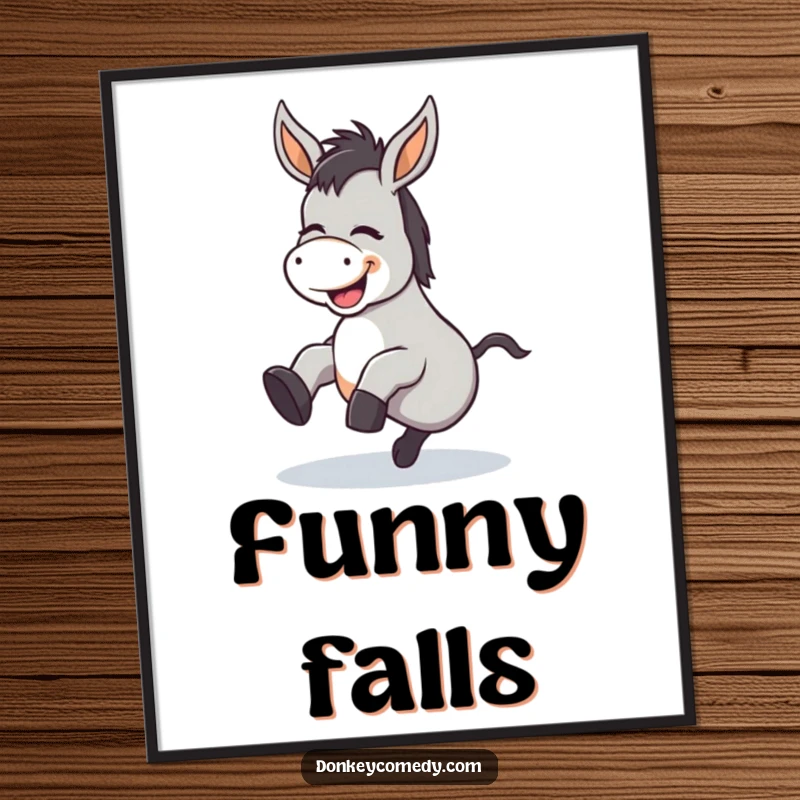 Funny Kawaii Donkey Tripping Poster: A dynamic poster showing a donkey tripping comically, mid-giggle, radiating pure slapstick fun.