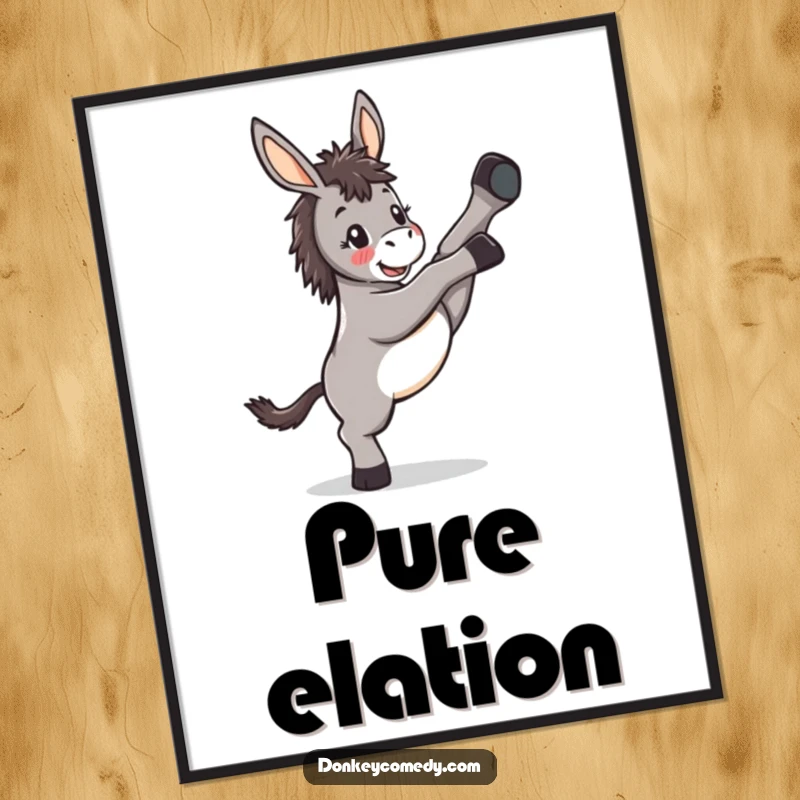 Funny Kawaii Donkey Kicking Poster: A dynamic poster of a donkey kicking its legs high, radiating fun and playful energy.