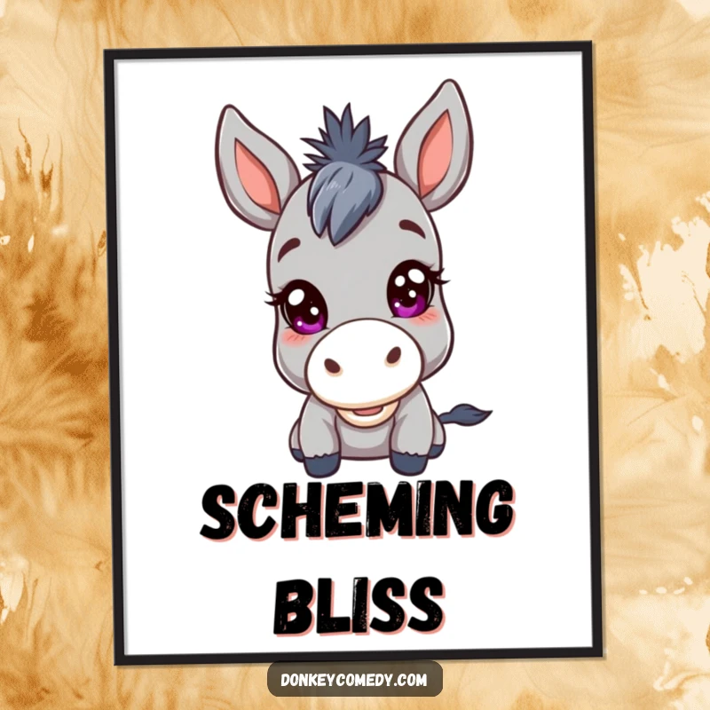 Funny Kawaii Donkey Mischief Poster: A captivating poster of a donkey with a mischievous twinkle, radiating sly charm and playful energy.