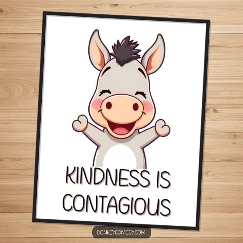 Funny Kawaii Donkey Nodding Poster: A cheerful poster of a donkey smiling and nodding, radiating friendliness and warmth.