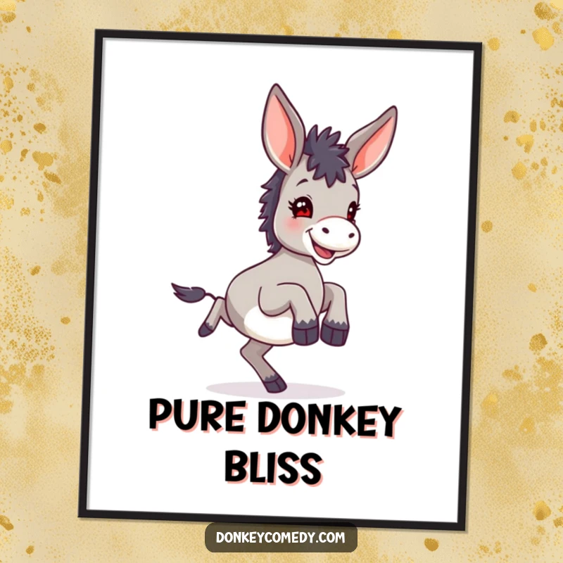 Funny small donkey with comically large ears, joyfully kicking its hind legs in a delightful, celebratory pose on a poster.