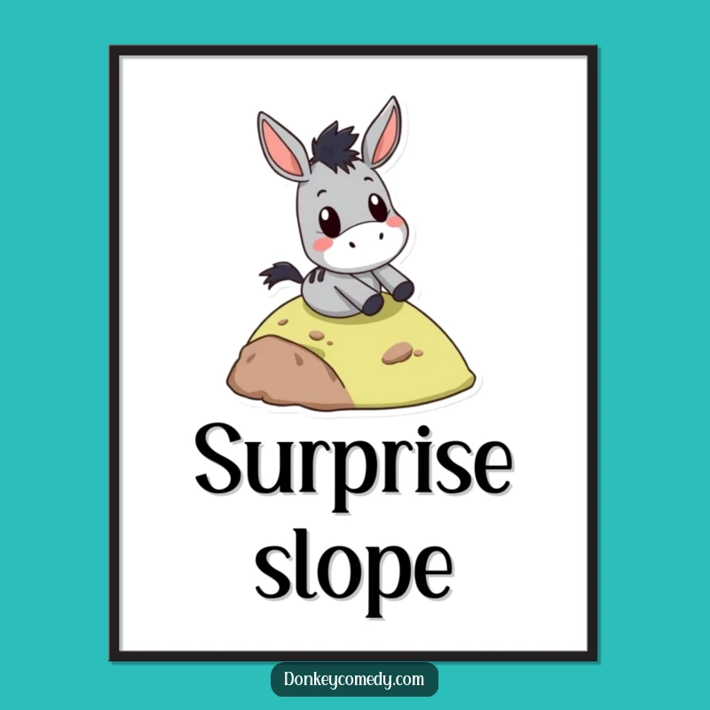 Funny surprised donkey slide poster, a humorous gift for walls, showing a donkey sliding with surprise.