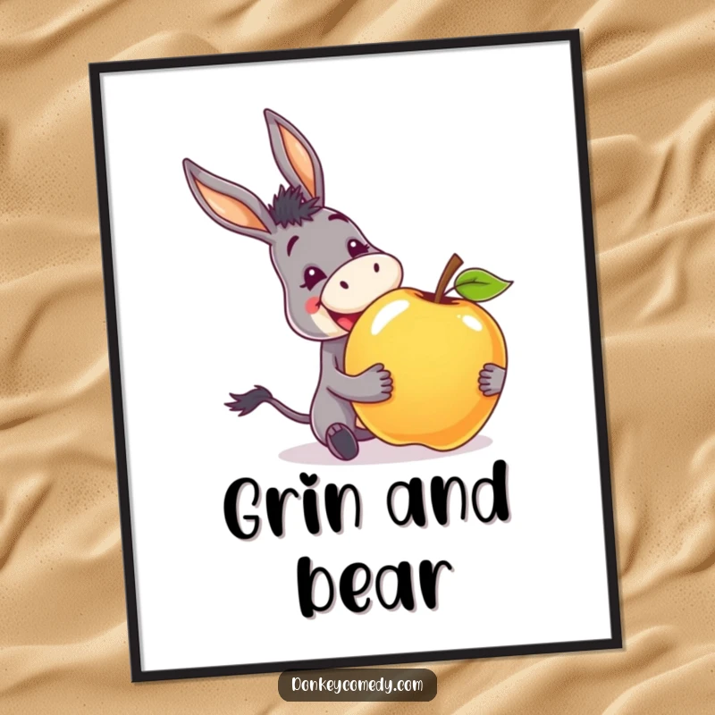 Funny poster of a donkey with an excited grin, joyfully receiving a huge apple, radiating pure delight.