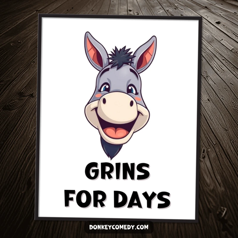 Funny Donkey Poster showcasing a donkey with a wide, toothy grin, radiating contagious, funny happiness and positive energy.