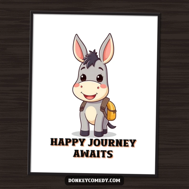 Kawaii donkey poster depicting a smiling donkey with a small backpack, creating a cheerful and adorable focal point for any room.