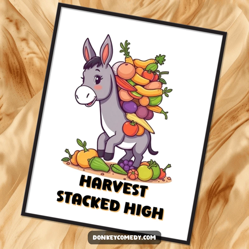 Funny donkey balancing a large pile of assorted farm produce, humorous and charming wall art poster.