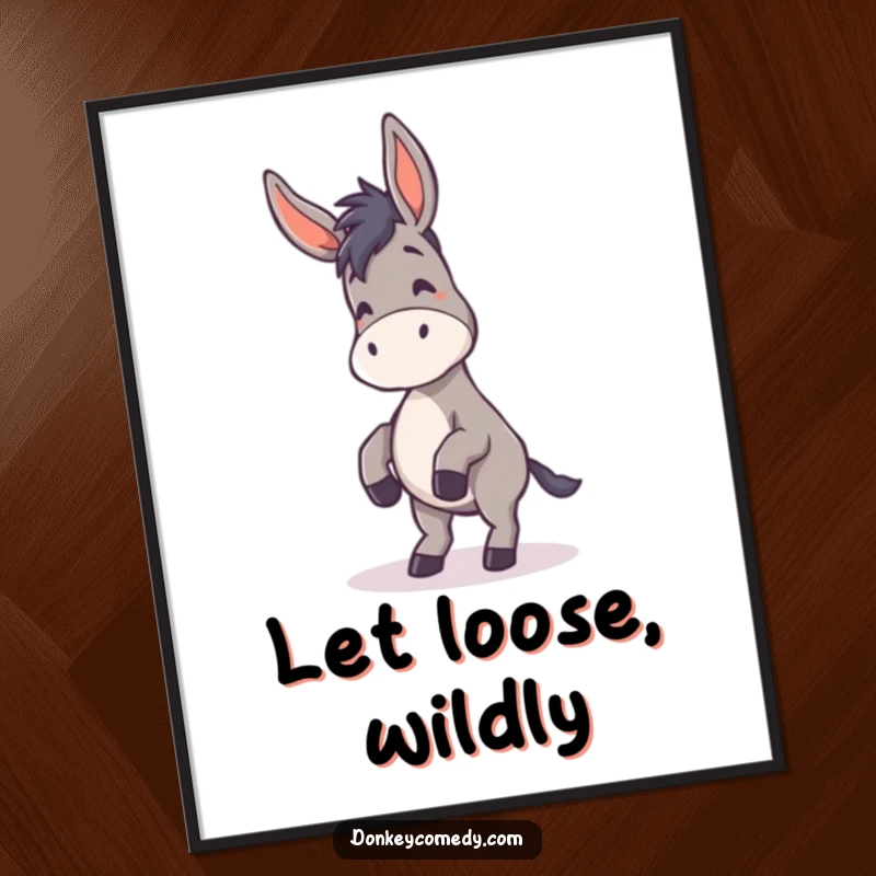 Funny Donkey Poster depicting a donkey dancing with exaggerated floppy ears, creating a humorous and lively piece of wall art.
