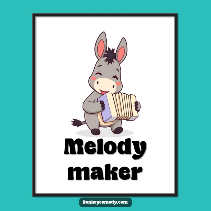 Funny donkey accordion poster, a musical gift for walls, showing a smiling donkey playing tunes happily.