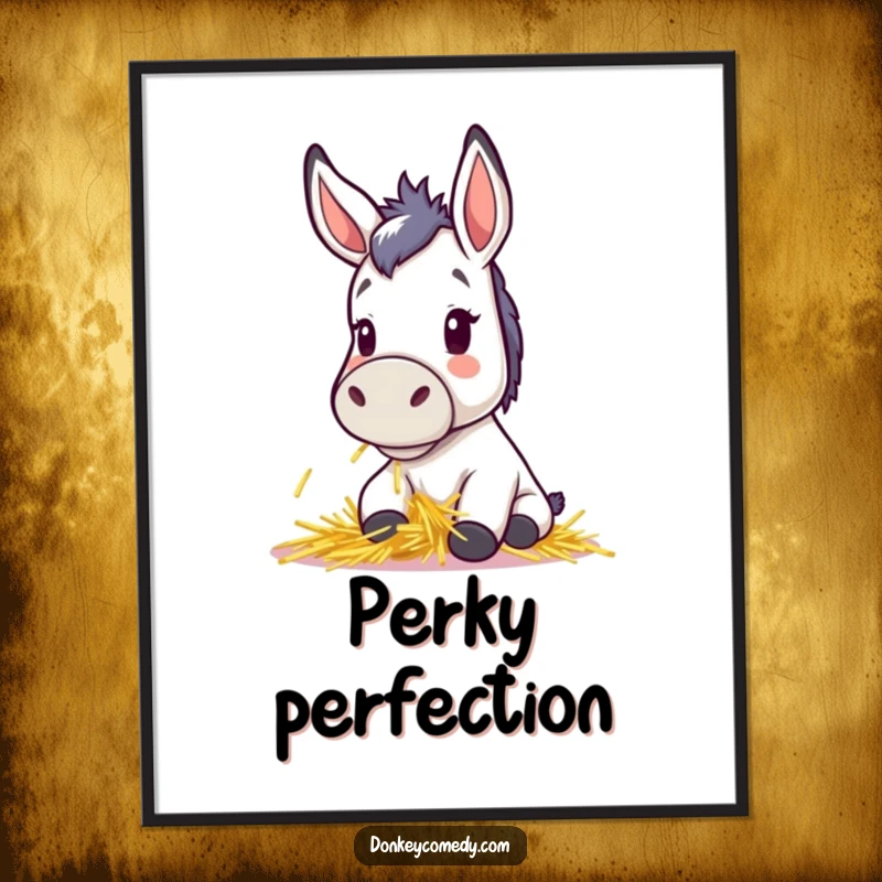 Funny poster print of a kawaii donkey with perky ears, happily munching hay, bringing cute farm charm to walls, excellent gift.