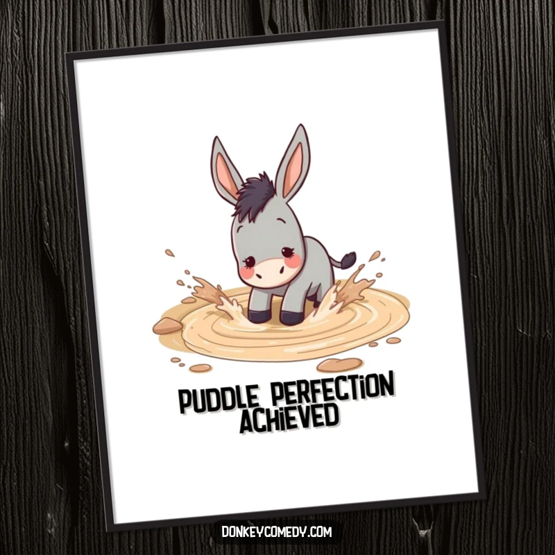 Funny donkey joyfully splashing in a muddy puddle, humorous and lively wall art poster.