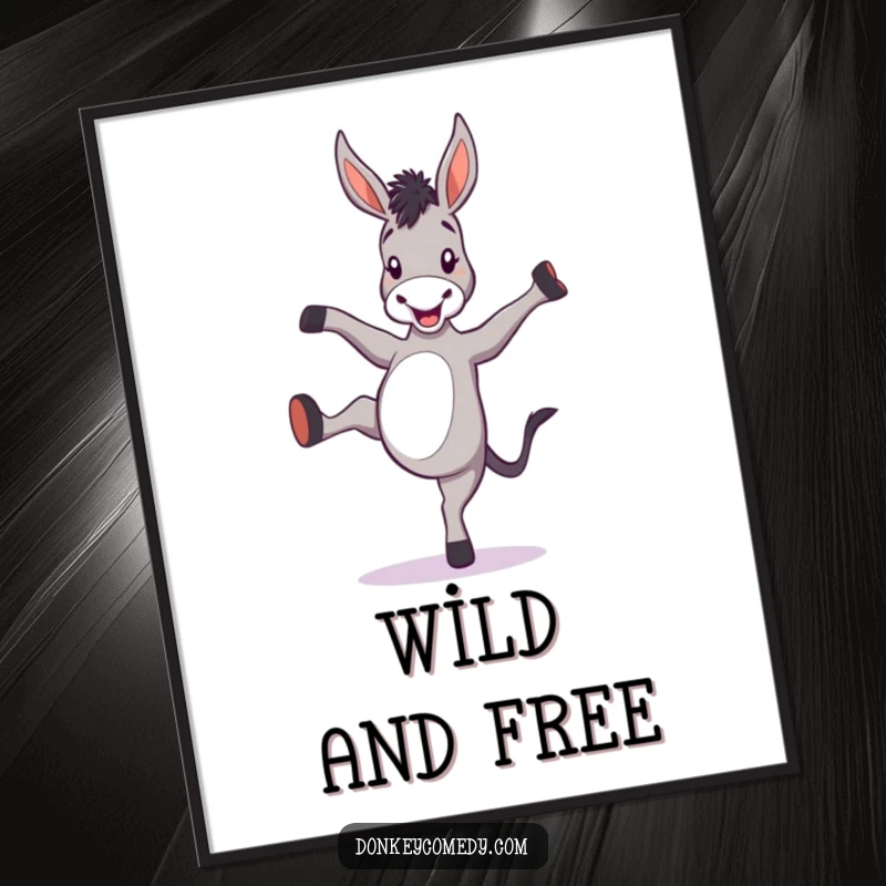 Funny donkey poster depicting a cartoon donkey joyfully kicking its heels high, radiating happiness and fun.