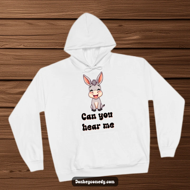 Funny hoodie featuring a joyful donkey with oversized ears braying, offering comfort and a dose of donkey humor.