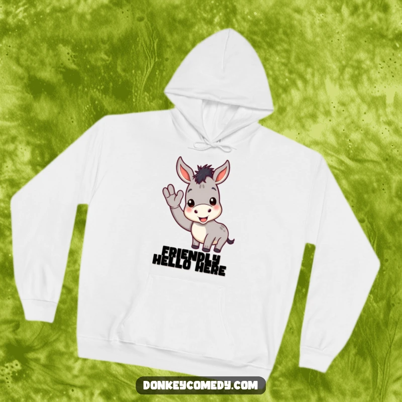Funny donkey hoodie depicting a charming donkey with a broad smile, giving a friendly wave, radiating warmth and good cheer.