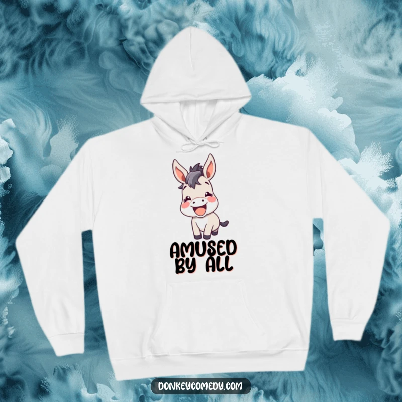 Funny kawaii donkey with perked ears, braying happily with amusement, depicted on a cozy hoodie.