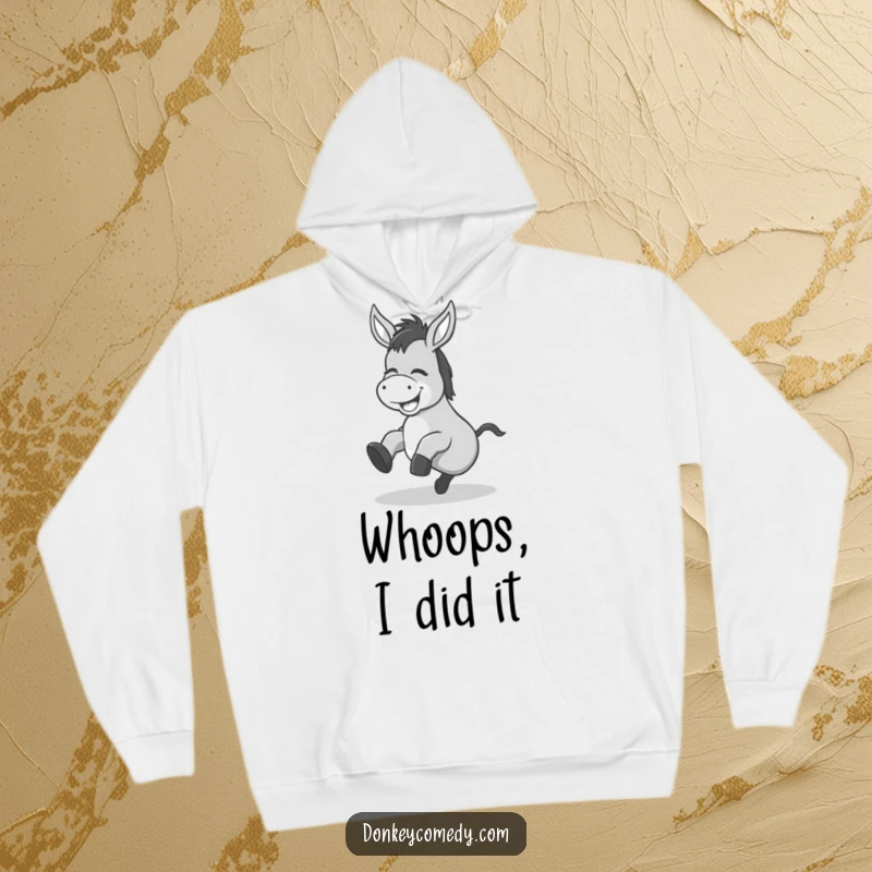 Funny Kawaii Donkey Tripping Hoodie: A soft hoodie featuring a giggling donkey tripping over its feet, offering warmth and humorous delight.