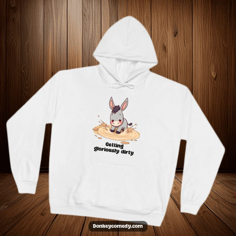 Funny donkey having a great time splashing in a muddy puddle, cozy and humorous hooded sweatshirt.