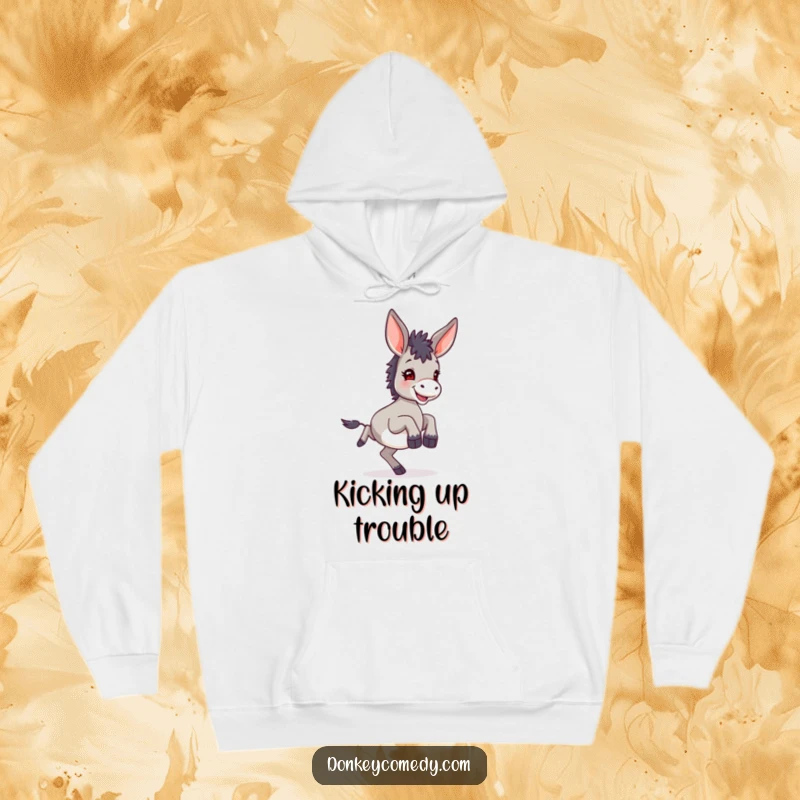 Funny small donkey with prominent large ears, joyfully kicking its hind legs up in a playful, energetic display on a cozy hoodie.