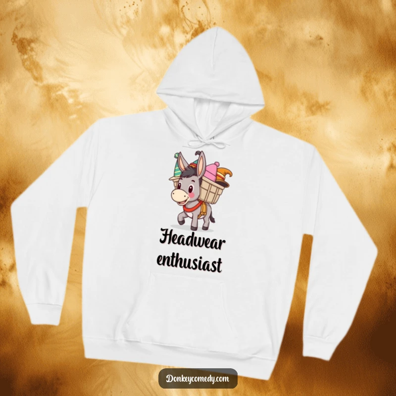 Funny hoodie featuring a happy donkey loaded with funny hats, offering comfort and a dose of donkey-themed humor.