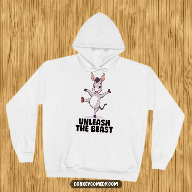 Funny donkey hoodie showing a cartoon donkey energetically kicking its heels high, embodying playful freedom.