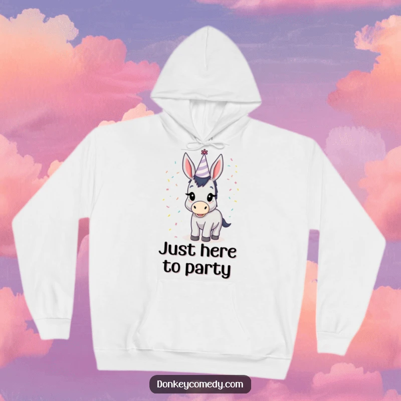 Funny donkey in a miniature party hat with confetti raining down, a humorous and warm hoodie for festive occasions.