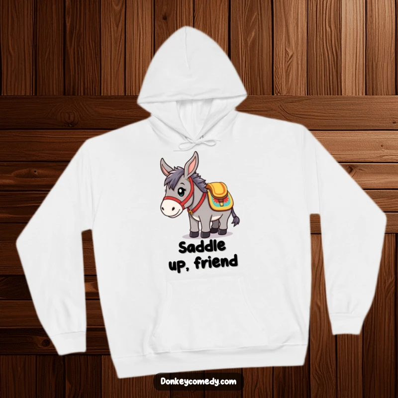 Funny Hoodie featuring a kawaii donkey in a saddle, offering cozy warmth and humorous readiness for adventure.
