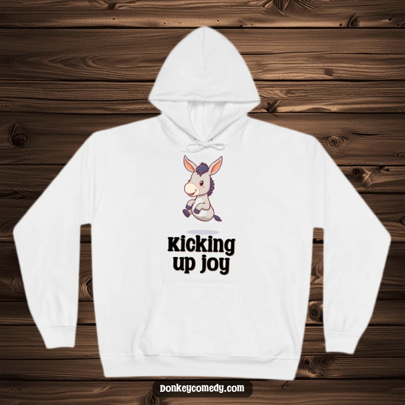Funny donkey hoodie showing a floppy-eared creature joyfully kicking its legs, radiating happiness and playful energy for ultimate comfort.