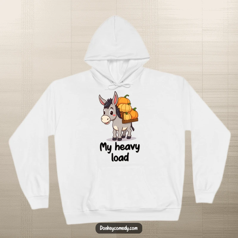 Funny Donkey Pumpkin Haul Hoodie: A warm hoodie featuring a determined donkey carrying pumpkins, perfect for funny autumn days.