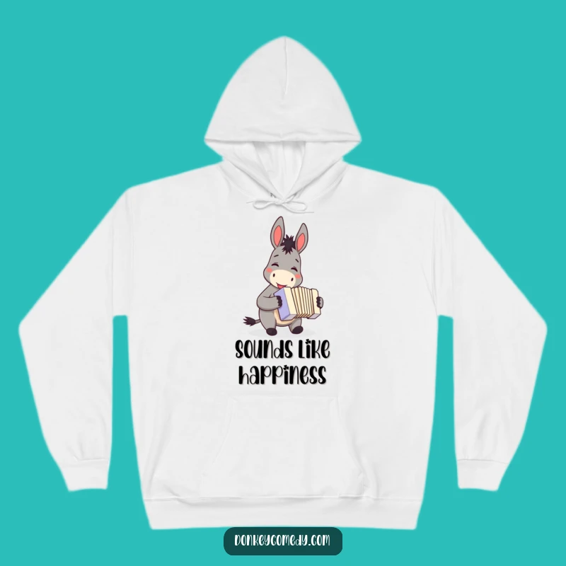Cozy funny donkey accordion hoodie, a musical gift for comfort, featuring a smiling donkey playing tunes.