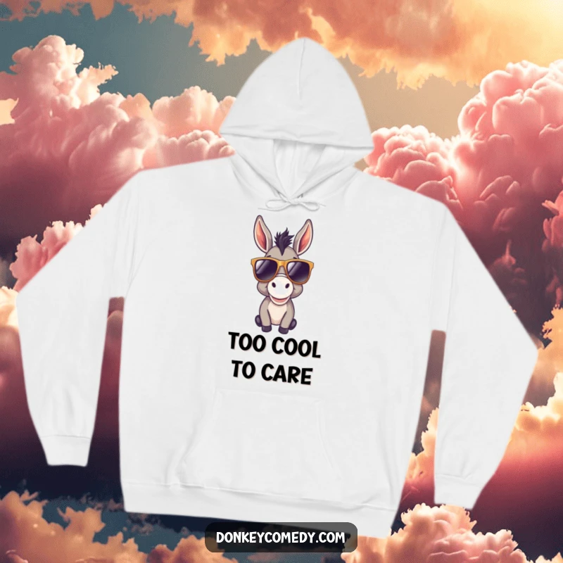 Funny donkey hoodie featuring a cool donkey rocking oversized sunglasses, radiating laid-back vibes and happy energy for cozy wear.