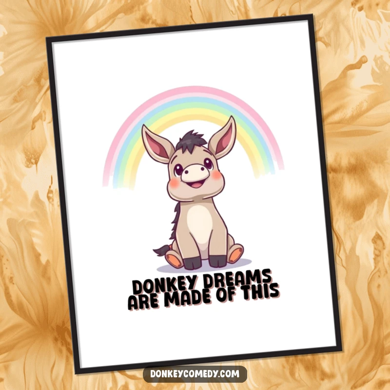 Free Printable Wall Art: A donkey looks up with pure amazement at a brilliant rainbow arching majestically overhead.