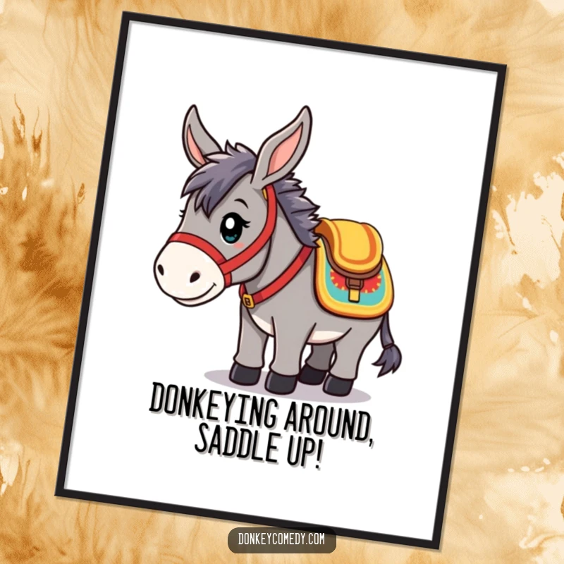 Funny Free Printable Wall Art: Kawaii donkey wearing a colorful saddle, looking enthusiastic and ready for adventure, downloadable decor.