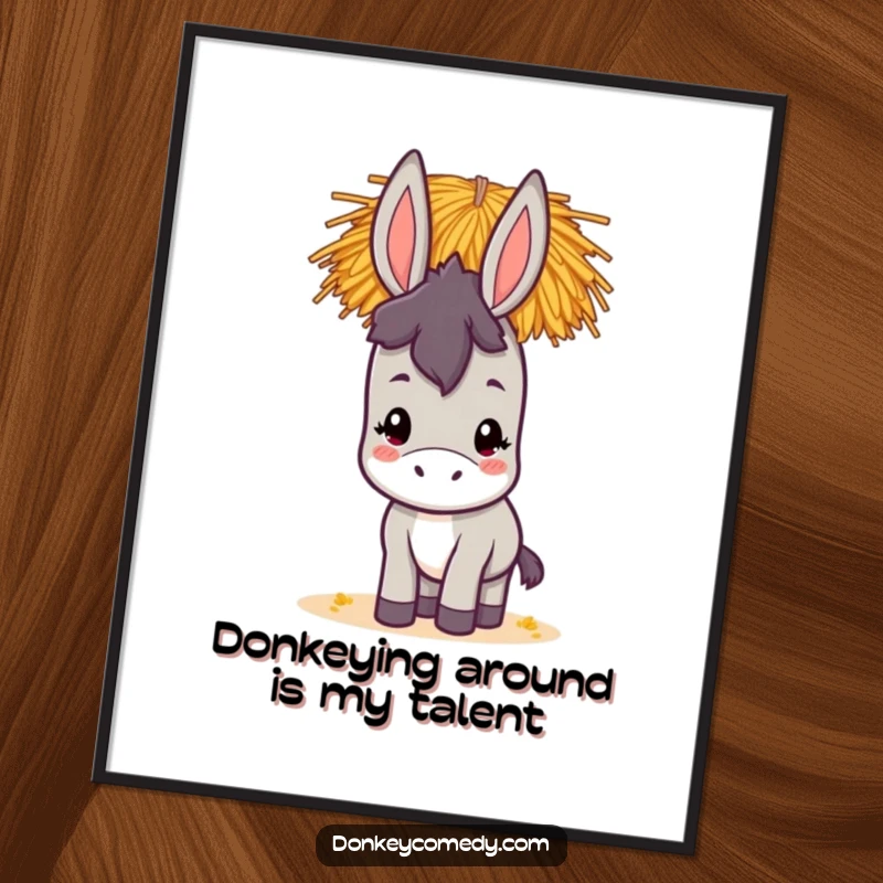 Funny Free Printable Wall Art of a cute donkey's head with a massive stack of hay precariously balanced on top.