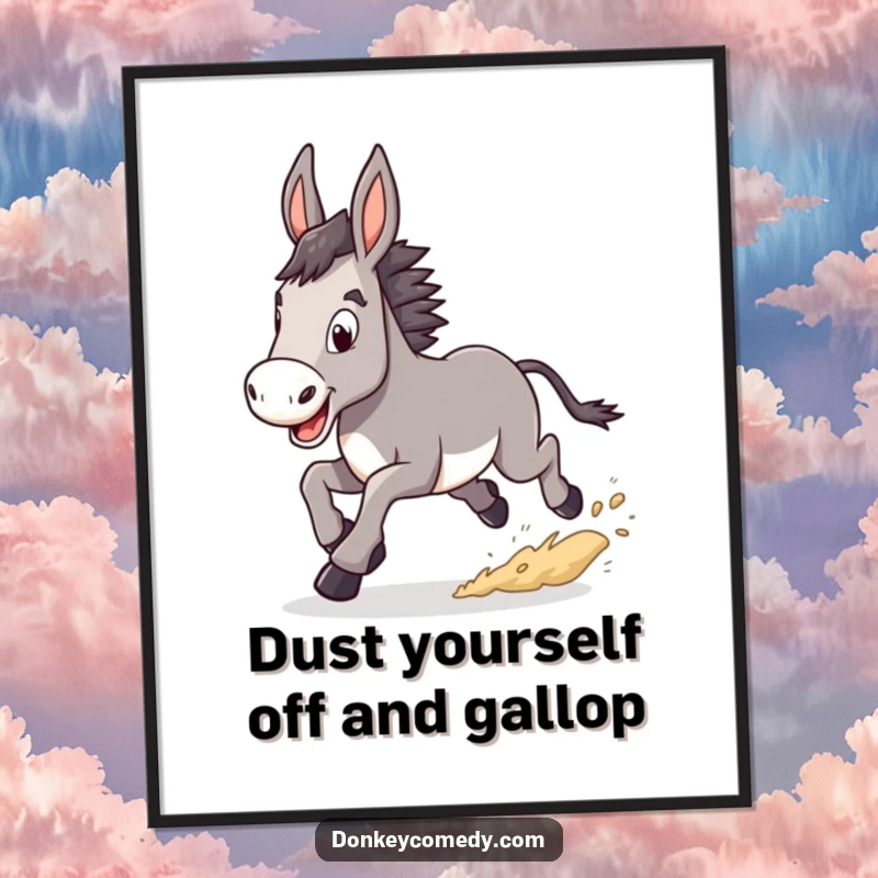 Funny Free Printable Donkey Wall Art: A donkey with a happy, determined trot, kicking up a dust cloud.