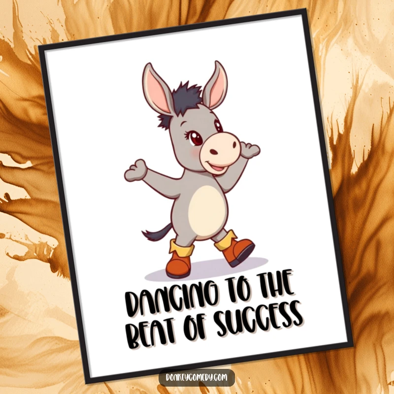 Funny free printable wall art of a donkey wearing tiny boots and dancing a jig, perfect for adding joy and movement.