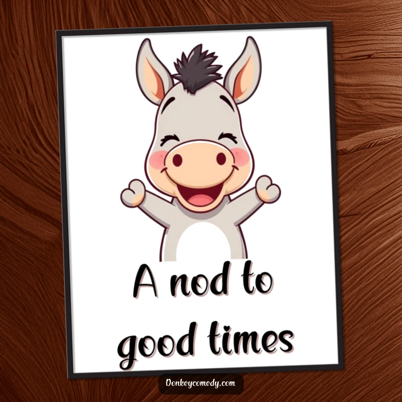 Funny free printable donkey wall art of a kawaii donkey with a wide, cheerful smile and a friendly, welcoming nod.