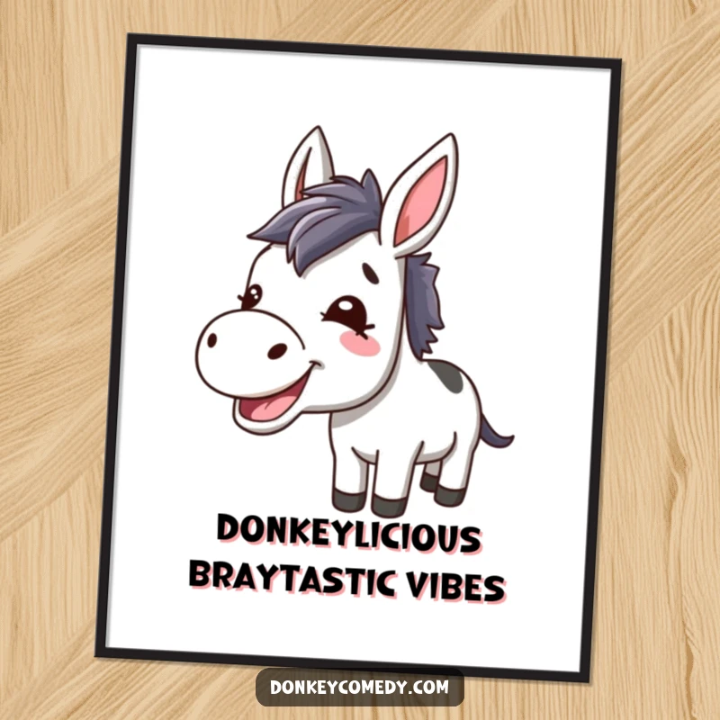 Funny free printable donkey wall art of a kawaii donkey mid-bray, ears perked with amusement and joy.