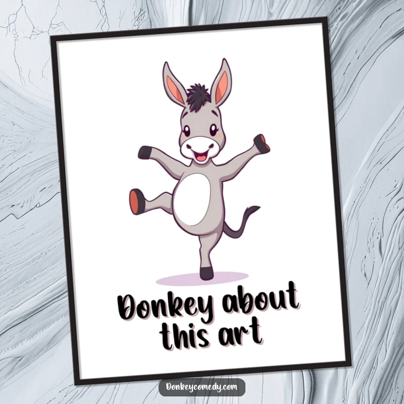 Funny free printable wall art of a donkey joyfully kicking its heels up in a playful pose.