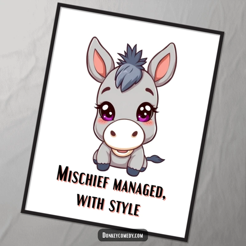 Funny free printable donkey wall art of a kawaii donkey with a subtle, mischievous twinkle in its large, expressive eyes.