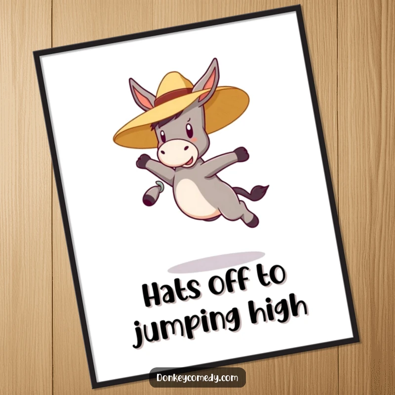 Funny Free Printable Wall Art: A donkey with a straw hat bounces with excitement, adding playful energy to any room.