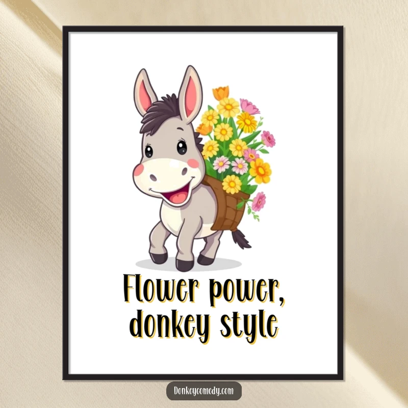 Funny free printable wall art of a donkey with a wide, cheerful grin, happily carrying a load of vibrant, colorful flowers.