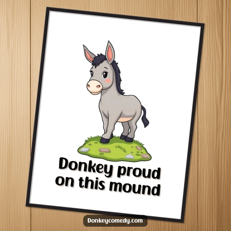 Funny Free Printable Wall Art: A proud donkey stands triumphantly on a small grassy mound, exuding quiet confidence.