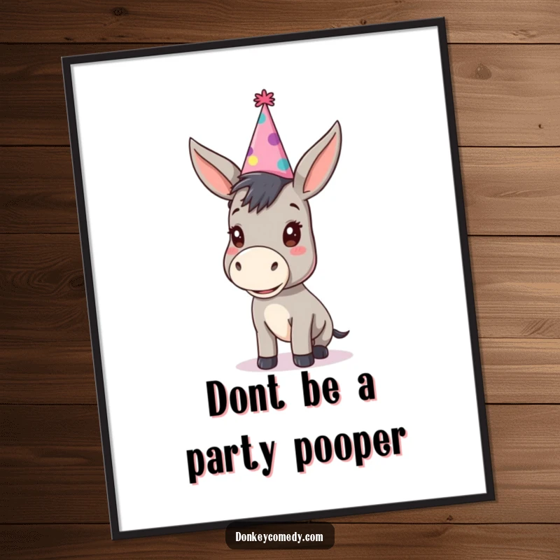 Funny free printable wall art: A kawaii donkey with a comically huge party hat brings a burst of festive fun to any room.