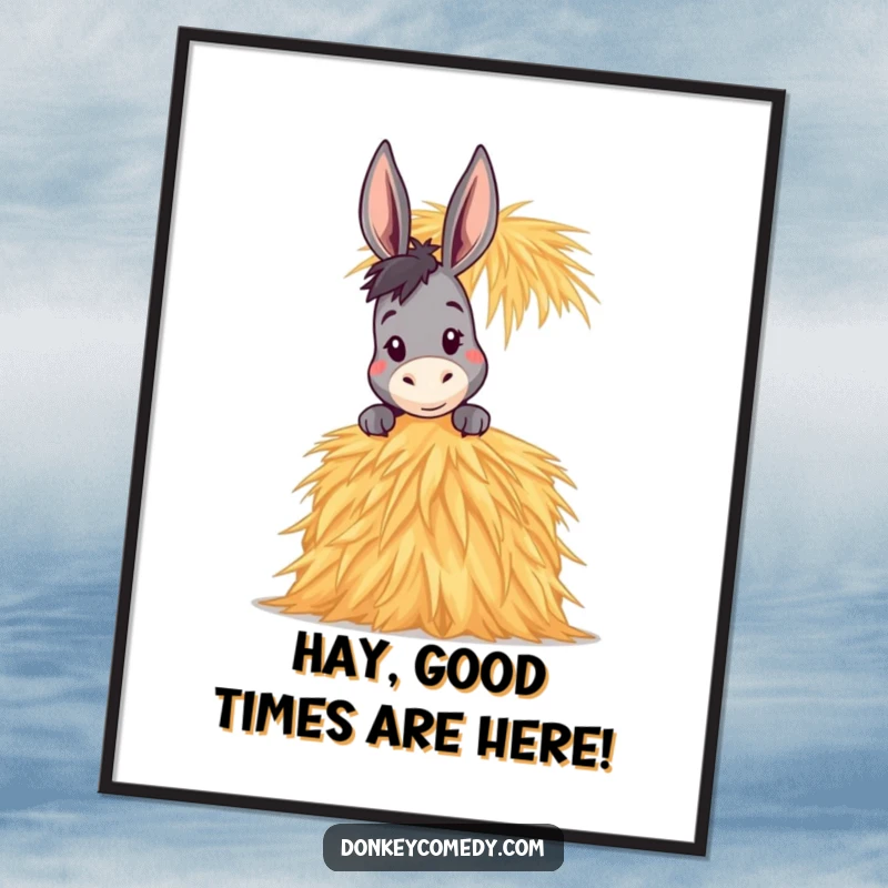 Funny Free Printable Donkey Wall Art: A donkey peeking over a massive stack of hay, creating a humorous scene.