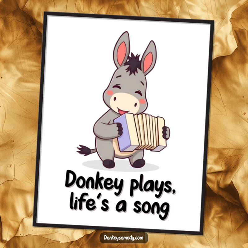 Funny Free Printable Wall Art: A happy donkey with a big smile playing a small accordion, full of musical joy.
