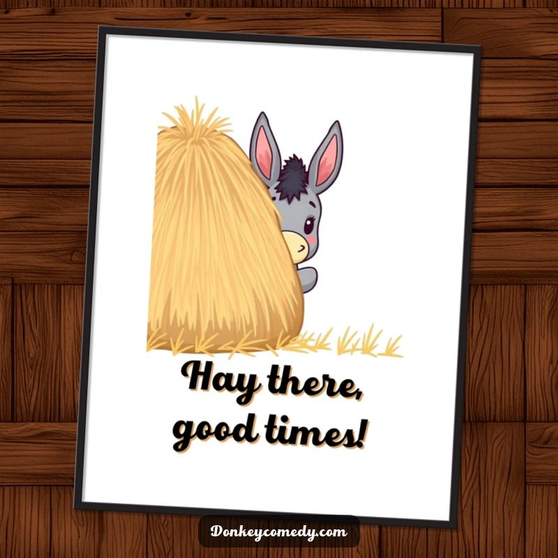 Funny Free Printable Wall Art: A donkey with a mischievous grin peeks from behind a large, round haystack.