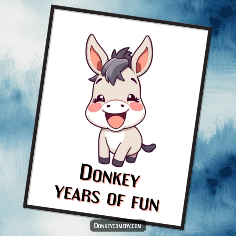 Funny Free Printable Wall Art: A kawaii donkey with perked ears lets out a happy, amused bray.