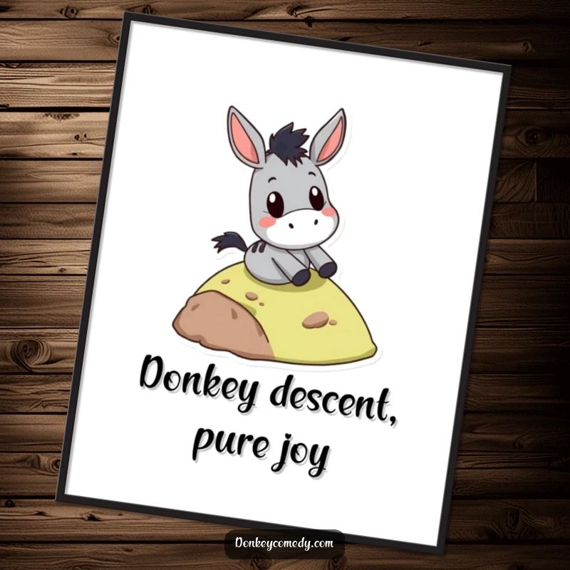 Funny Free Printable Wall Art: A donkey with a shocked face sliding down a small hill, full of surprise and action.
