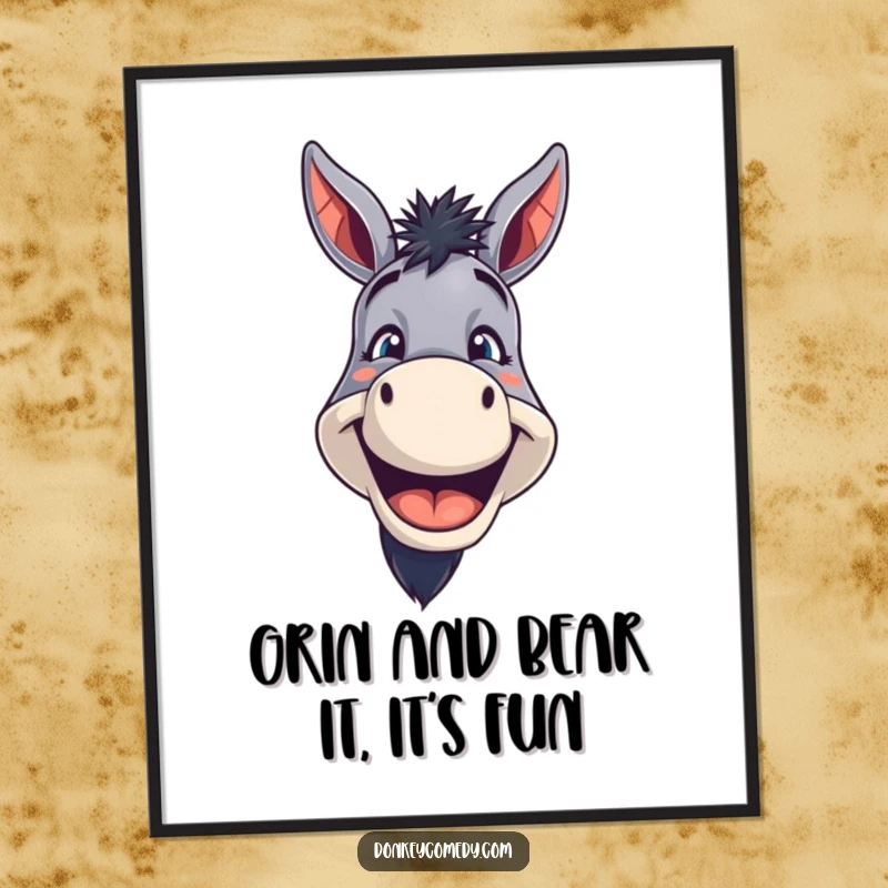 Funny Free Printable Donkey Wall Art: A donkey displaying a wide, toothy grin, radiating infectious joy.