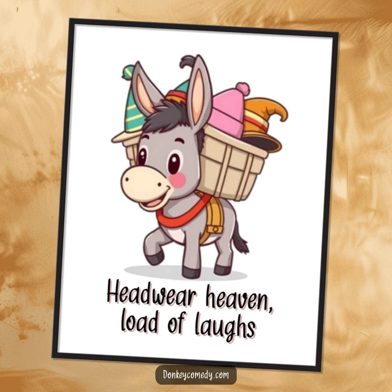 Funny Free Printable Wall Art: A happy donkey is piled high with a variety of comical and colorful hats.
