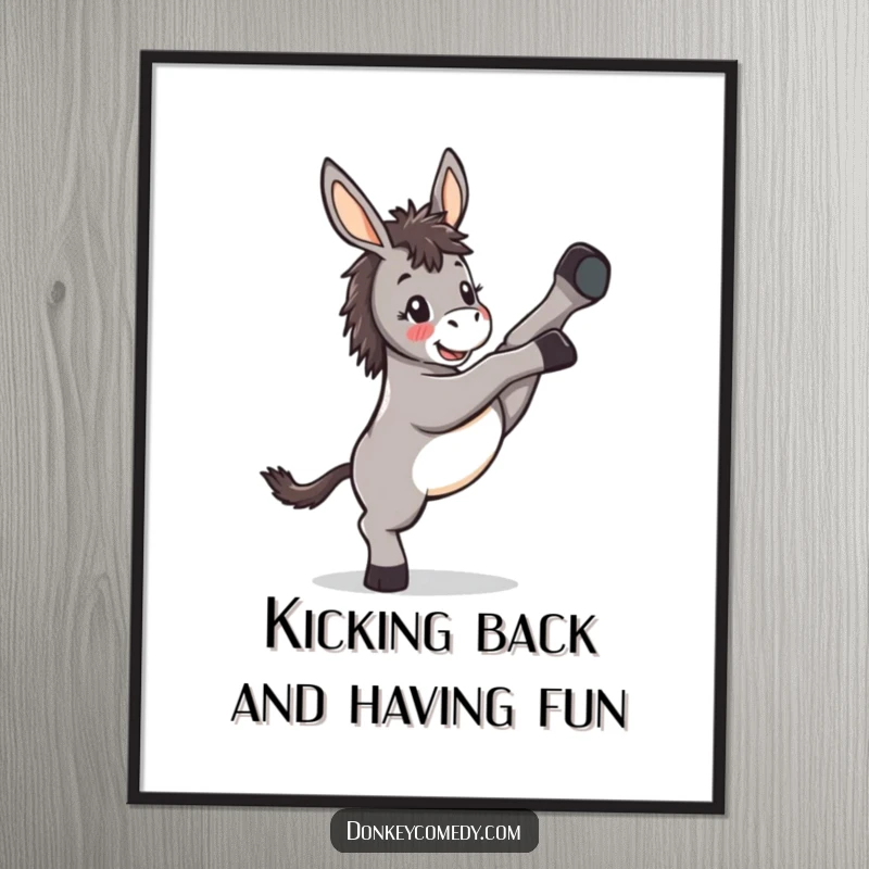 Funny free printable donkey wall art of a kawaii donkey kicking its legs high in the air with glee.